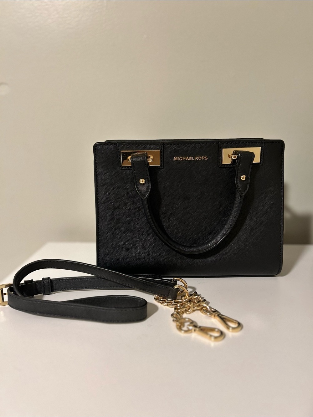 Michael Kors Black Leather Satchel with Gold Accents